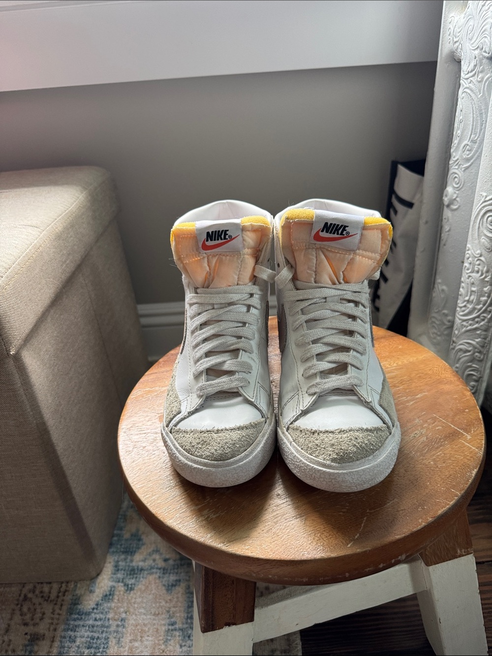 Nike Women's High-Top Sneakers in White with Yellow Tongue Accent